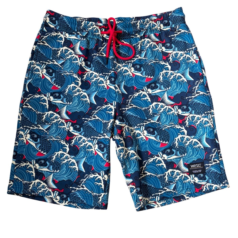 WeSC Great Wave Koi Fish Print Shorts Blue Red Drawstring Mens Large Womens XL